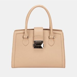 David Jones PU Leather Handbag Elegant Tan Shiny Buckle Medium Square Purse